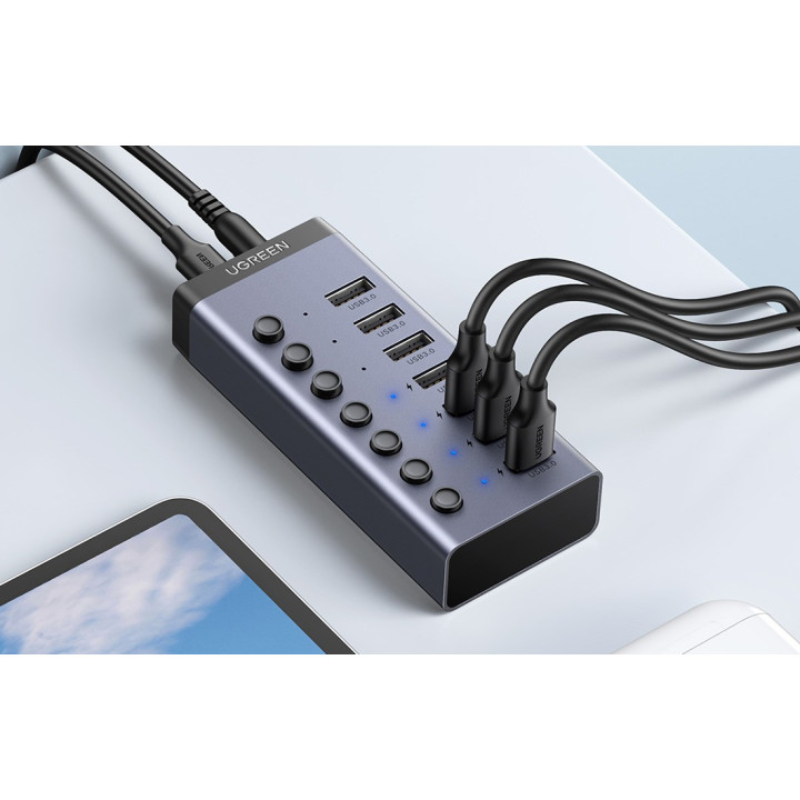 UGREEN 90307 Hub 7w1 USB-C, 7x USB-A 3.0 12V 2A czarny