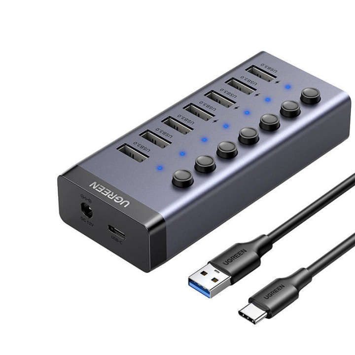 UGREEN 90307 Hub 7w1 USB-C, 7x USB-A 3.0 12V 2A czarny