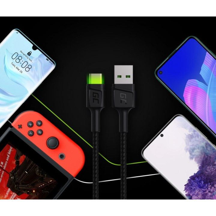 GREEN CELL KABGC06 kabel USB - USB-C 120cm, zielony LED, szy