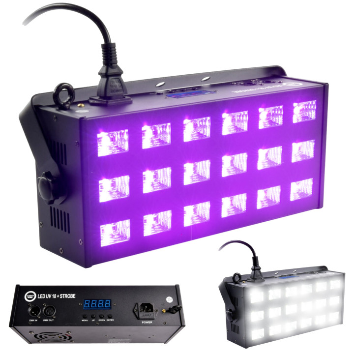 LIGHT4ME LED UV 18x3W reflektor + stroboskop DMX