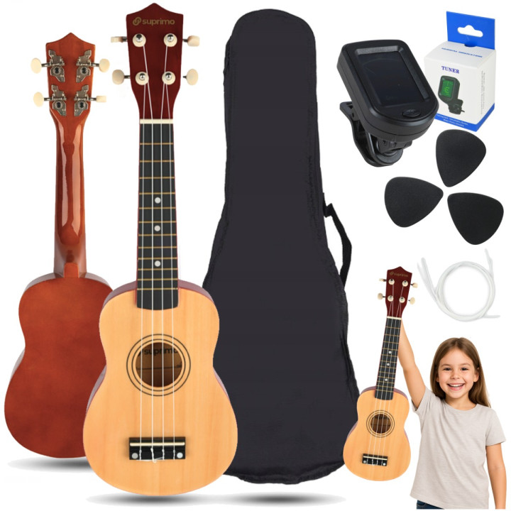 SUPRIMO ukulele sopranowe 21" naturalne drewno pokrowiec 3 kostki