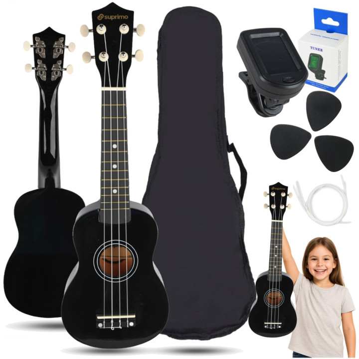 SUPRIMO ukulele sopranowe 21" czarne drewniane pokrowiec 3 kostki