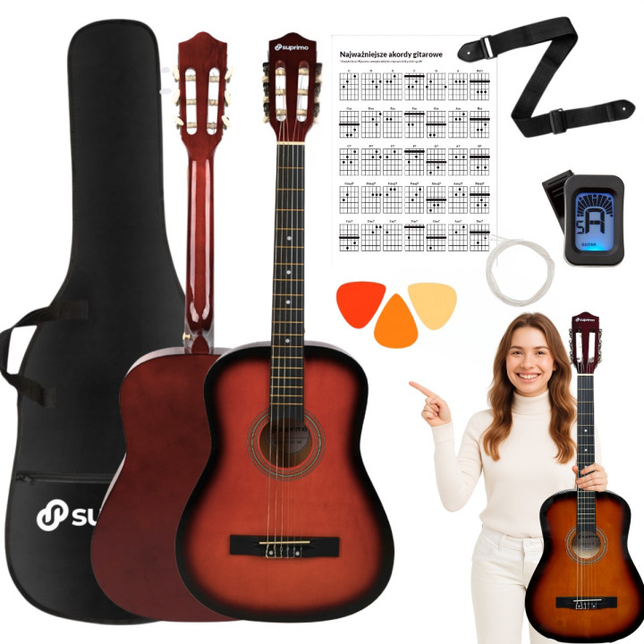 gitara klasyczna 4/4 tuner kostki pasek struny pokrowiec akordy