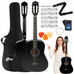 Gitara klasyczna 4/4 czarna tuner kostki pasek struny pokrowiec