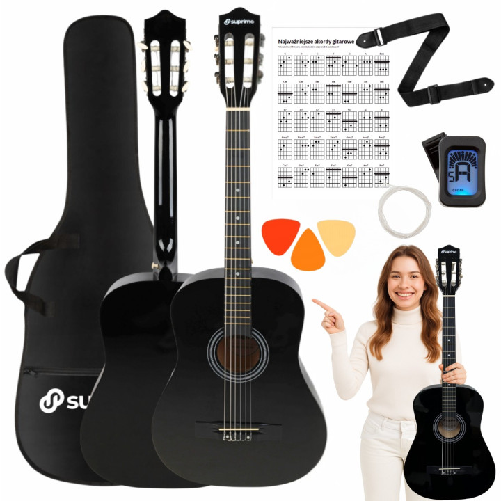 Gitara klasyczna 4/4 czarna tuner kostki pasek struny pokrowiec