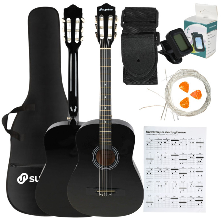 Gitara klasyczna 4/4 czarna tuner kostki pasek struny pokrowiec