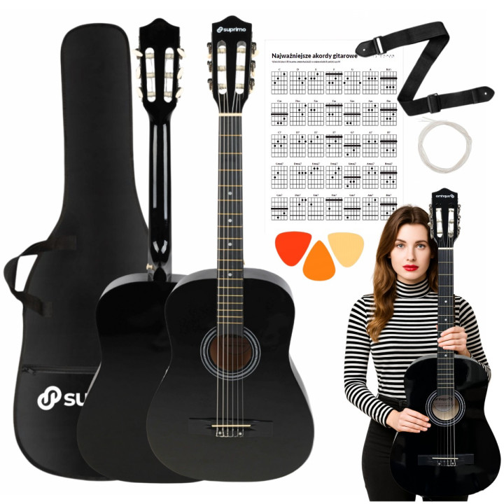 Gitara klasyczna 4/4 czarna kostki pasek struny pokrowiec akordy