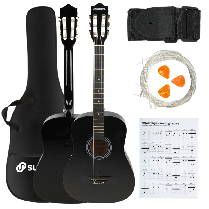 Gitara klasyczna 4/4 czarna kostki pasek struny pokrowiec akordy