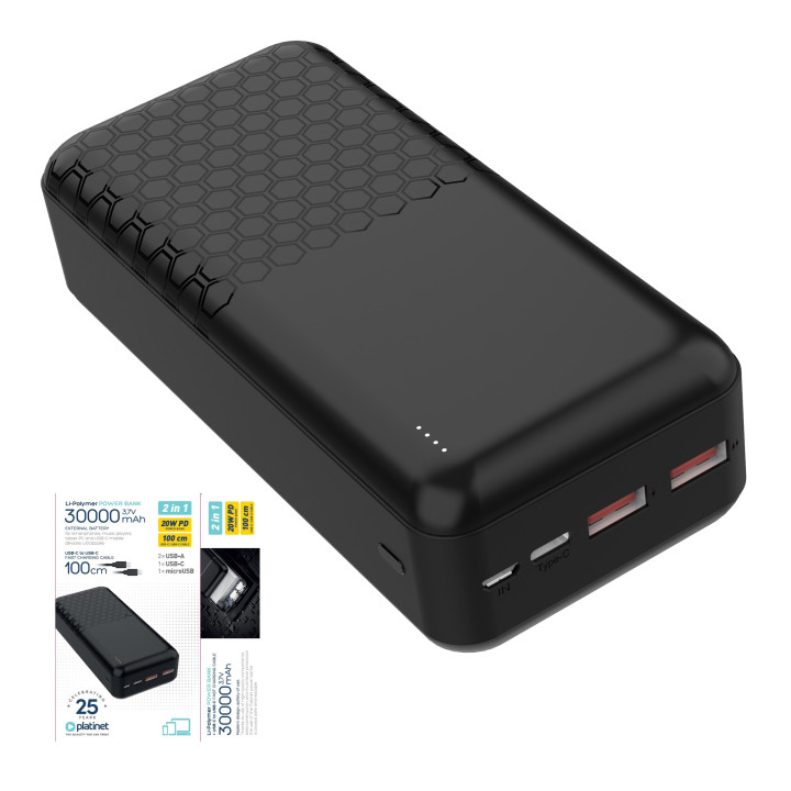 PLATINET PMPB30OP19B Power Bank 30000 mAh 20W PD + kabel USB-C 1m
