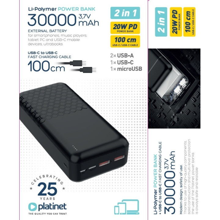 PLATINET PMPB30OP19B Power Bank 30000 mAh 20W PD + kabel USB-C 1m