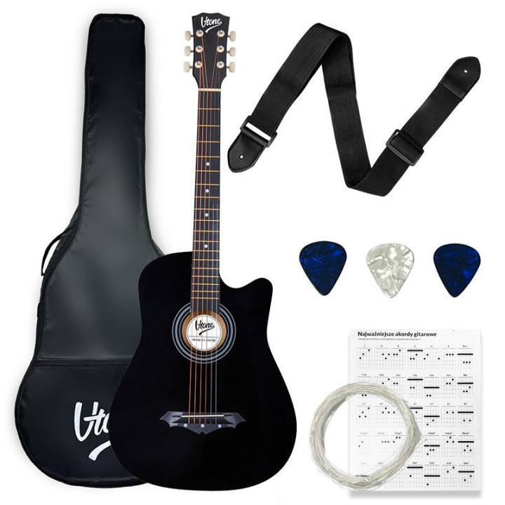 Gitara akustyczna 4/4 czarna zestaw kostki zapasowe struny pokrowiec