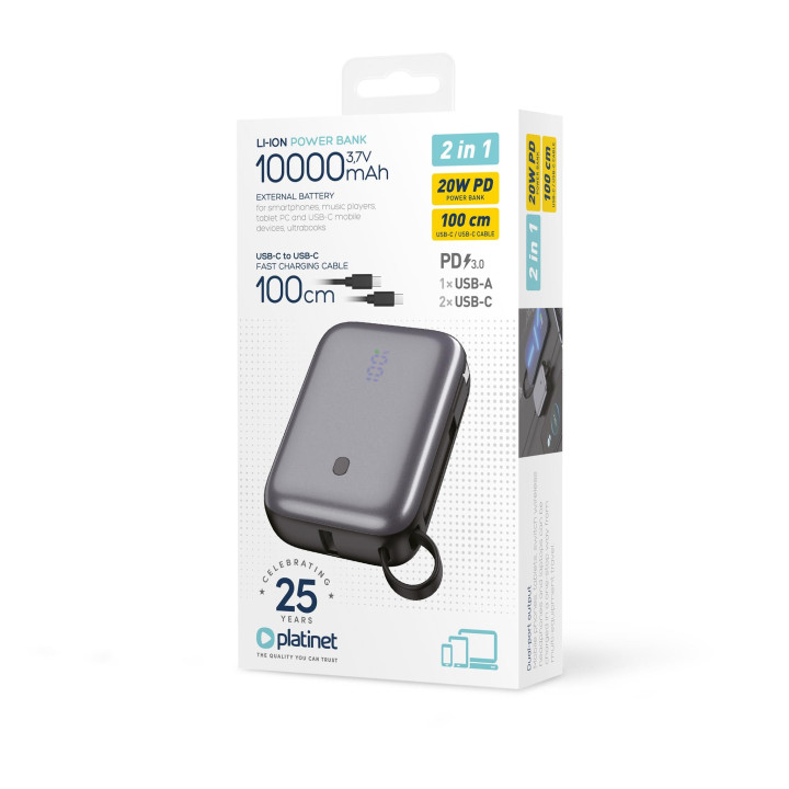 PLATINET PMPB1020C Powerbank 10000 mAh 20W PD LED szary