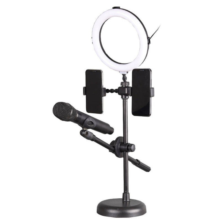 Lampa pierścieniowa LED ze statywem i uchwytami na telefon i mikrofon
