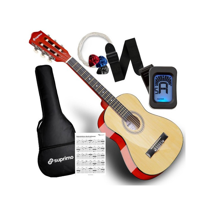 Gitara klasyczna 1/4 zestaw kostki pasek struny pokrowiec akordy tuner