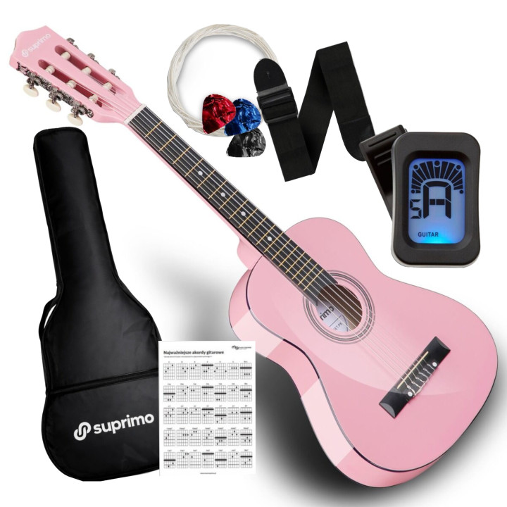 Gitara klasyczna 1/4 różowa zestaw kostki pasek struny pokrowiec akord