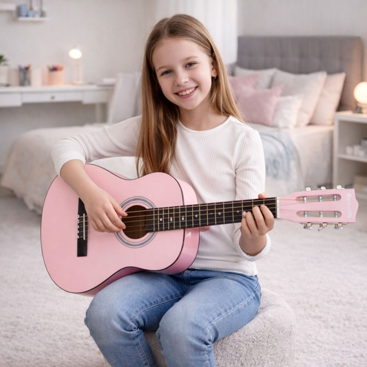 Gitara klasyczna 1/4 różowa zestaw kostki pasek struny pokrowiec akord