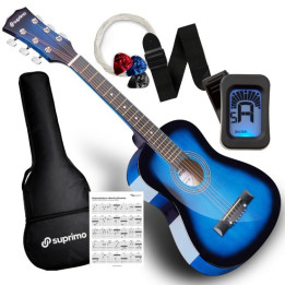 Gitara akustyczna 1/4 niebieska zestaw kostki pasek struny pokrowiec akordy tuner