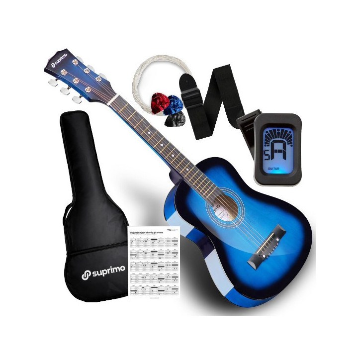 Gitara akustyczna 1/4 niebieska zestaw kostki pasek struny pokrowiec akordy tuner