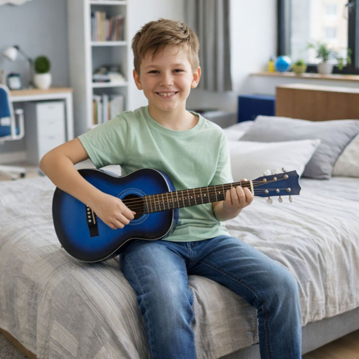 Gitara akustyczna 1/4 niebieska zestaw kostki pasek struny pokrowiec akordy tuner