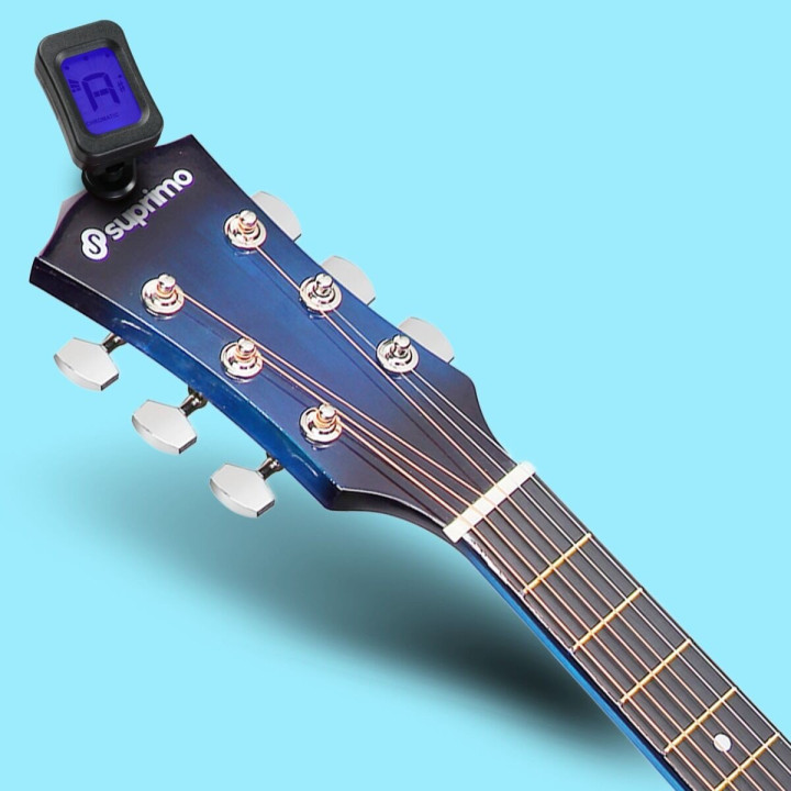 Gitara akustyczna 1/4 niebieska zestaw kostki pasek struny pokrowiec akordy tuner