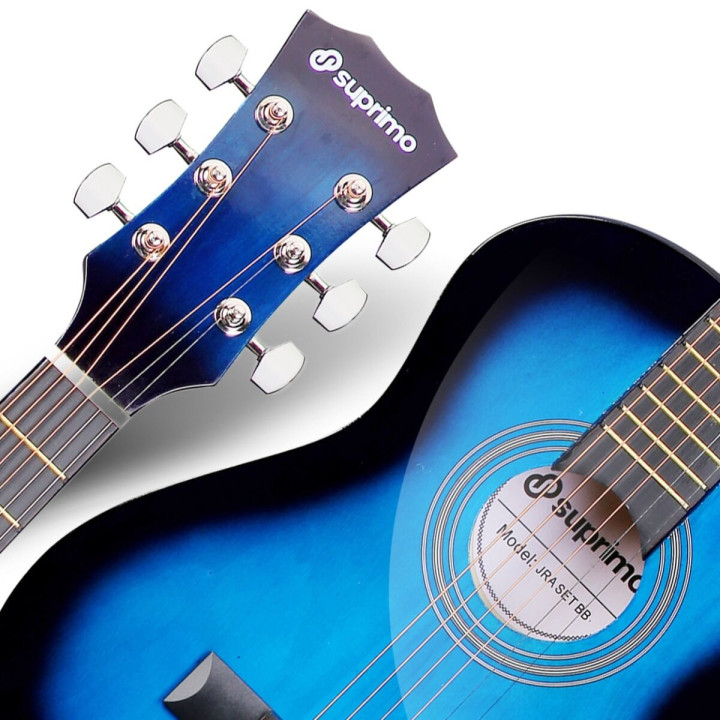Gitara akustyczna 1/4 niebieska zestaw kostki pasek struny pokrowiec akordy tuner