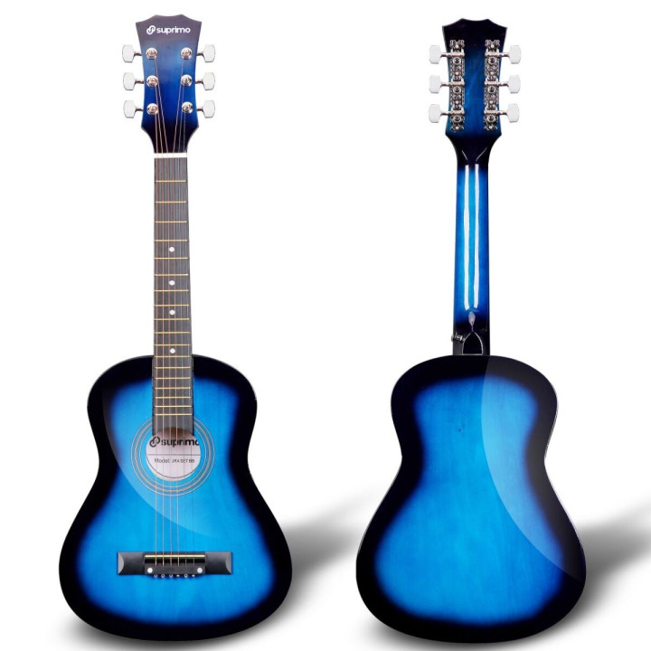 Gitara akustyczna 1/4 niebieska zestaw kostki pasek struny pokrowiec akordy tuner