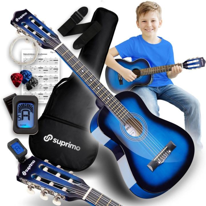 Gitara klasyczna 1/4 niebieska zestaw kostki pasek struny pokrowiec