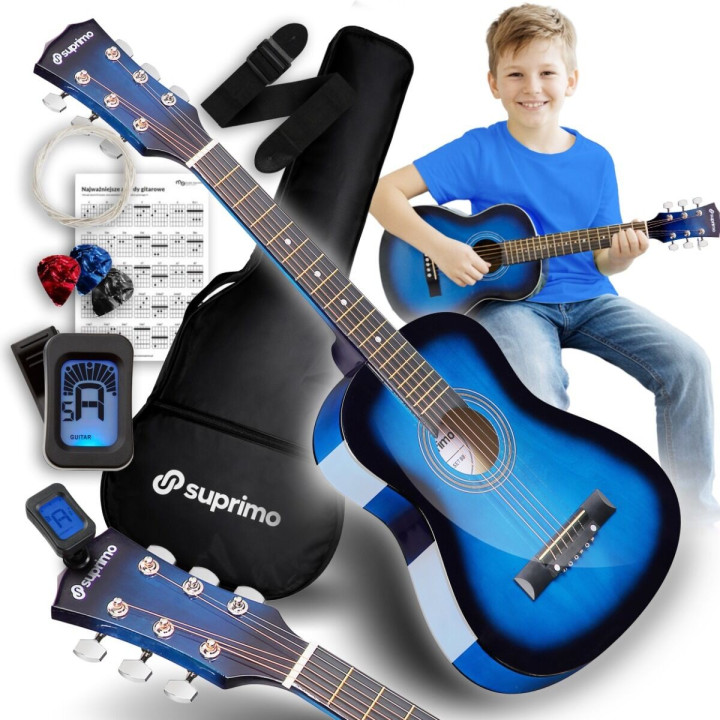 Gitara akustyczna 1/4 niebieska zestaw kostki pasek struny pokrowiec akordy tuner
