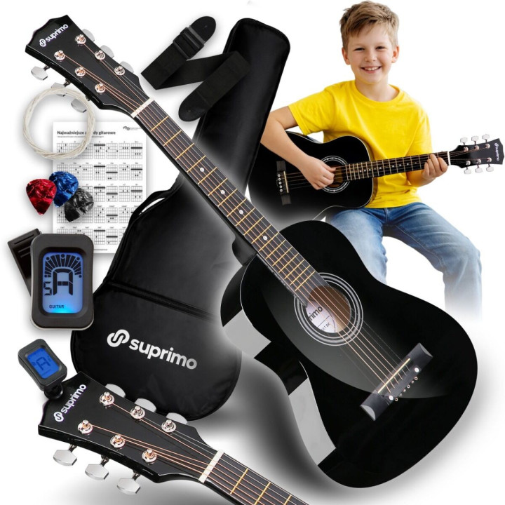 Gitara akustyczna 1/4 czarna zestaw kostki pasek struny pokrowiec