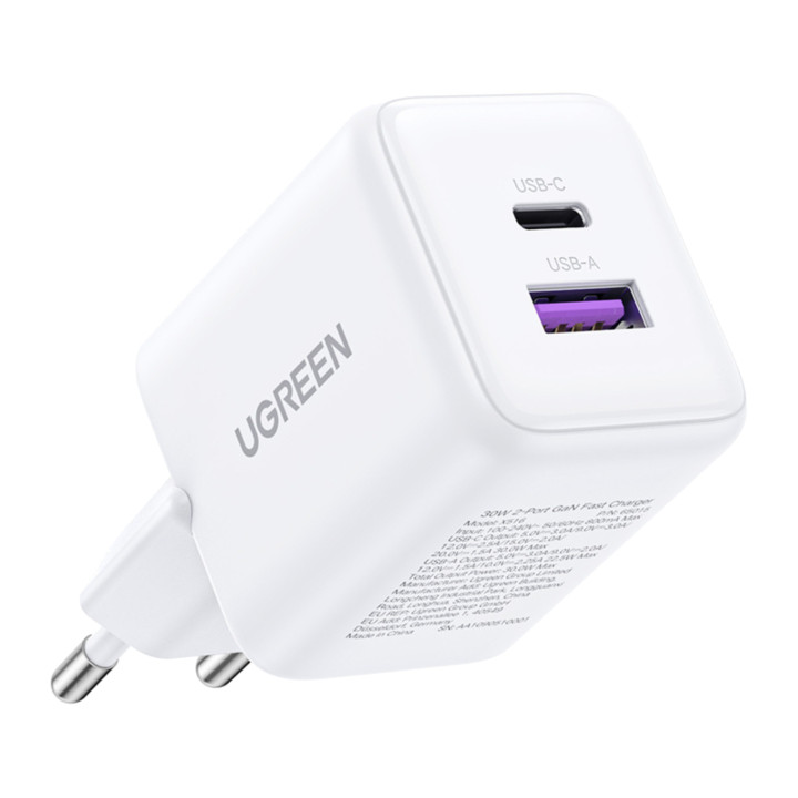 Ładowarka sieciowa USB + USB-C GaN 30W biała UGREEN 65015