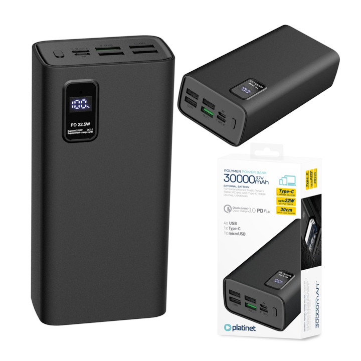 POWERBANK 30000mAh czarny PD 3.0 QC 3.0 LED PLATINET