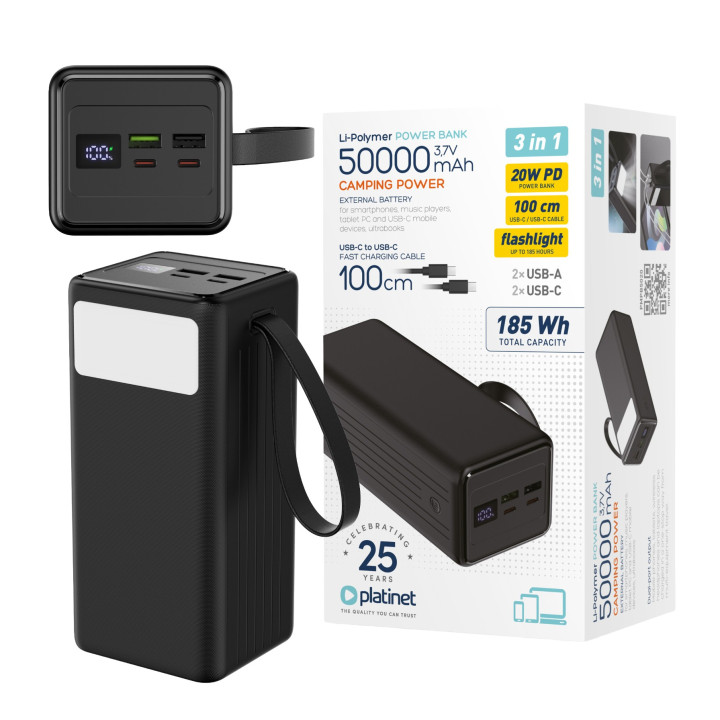 Power Bank 50000 mAh 20W QC 3.0 Latarka + Kabel 1m USB-C PLATINET