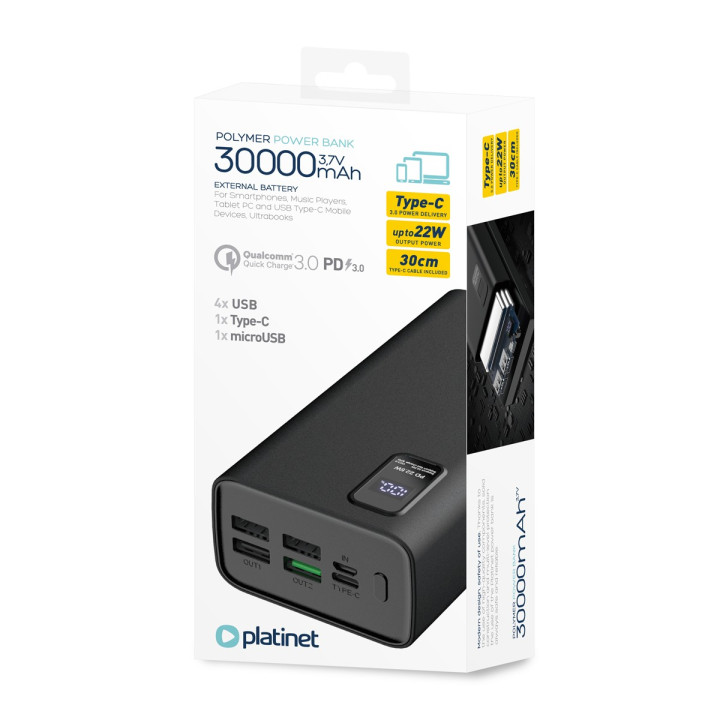 POWERBANK 30000mAh czarny PD 3.0 QC 3.0 LED PLATINET