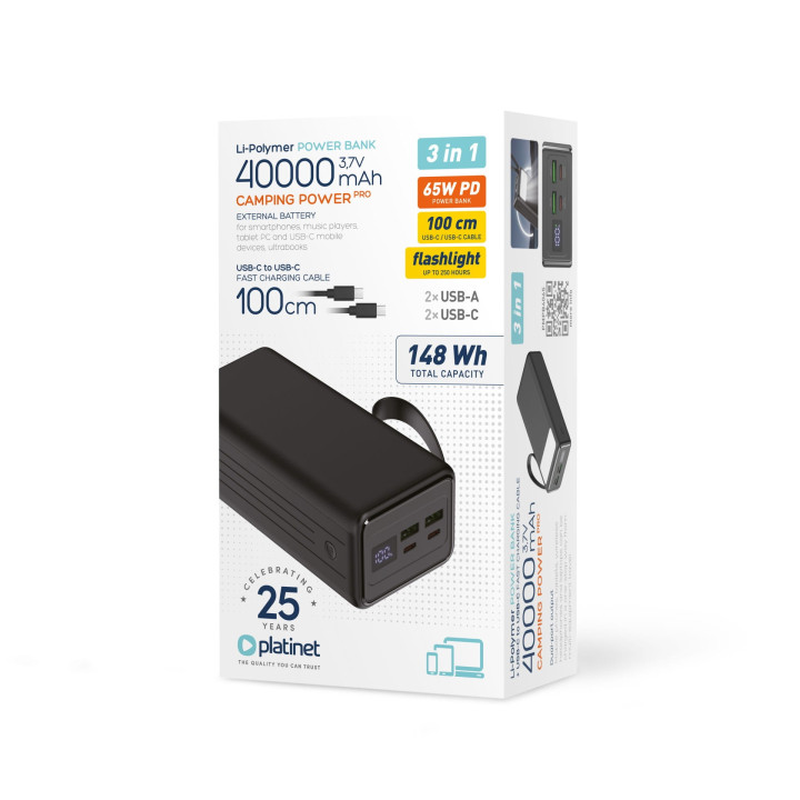 Power Bank 40000 mAh 65W PowerDelivery Latarka + Kabel 1m USB-C