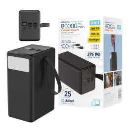 Power Bank 80000 mAh 20W QC 3.0 Latarka + Kabel 1m USB-C  PLATINET