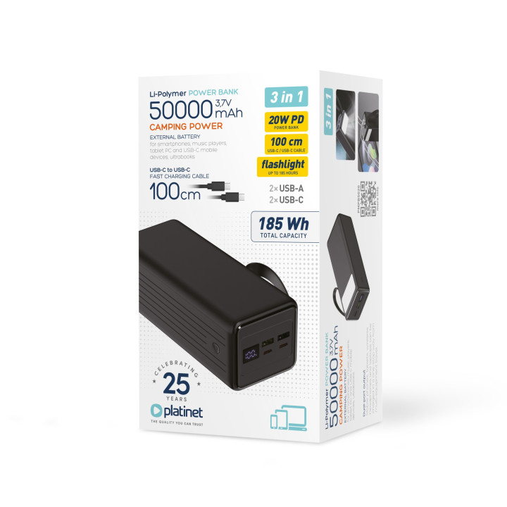 Power Bank 50000 mAh 20W QC 3.0 Latarka + Kabel 1m USB-C PLATINET
