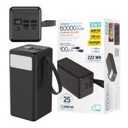 Power Bank 60000 mAh 20W QC 3.0 Latarka + Kabel 1m USB-C PLATINET