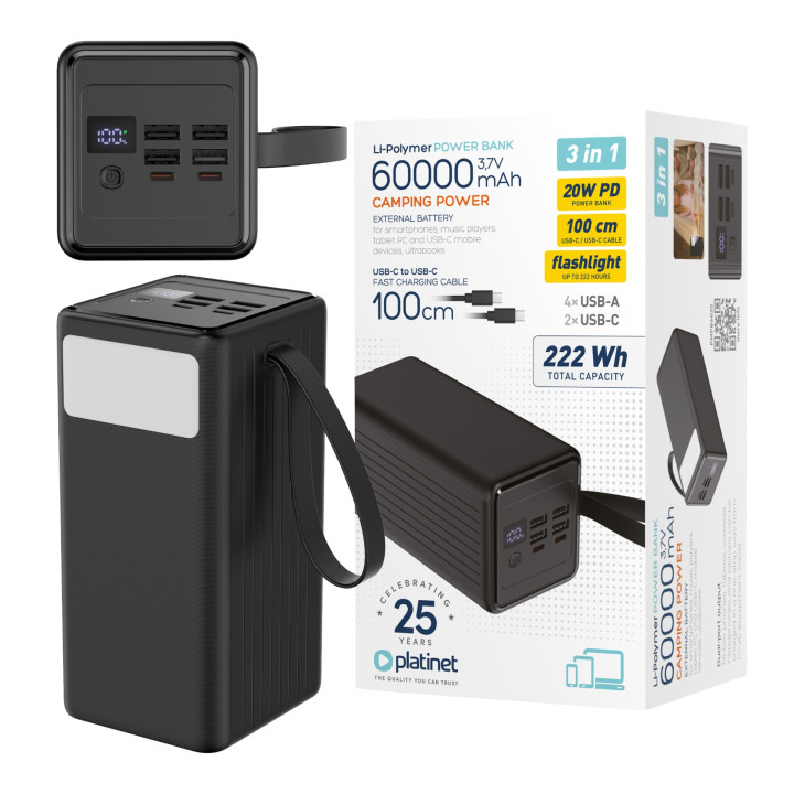 Power Bank 60000 mAh 20W QC 3.0 Latarka + Kabel 1m USB-C PLATINET