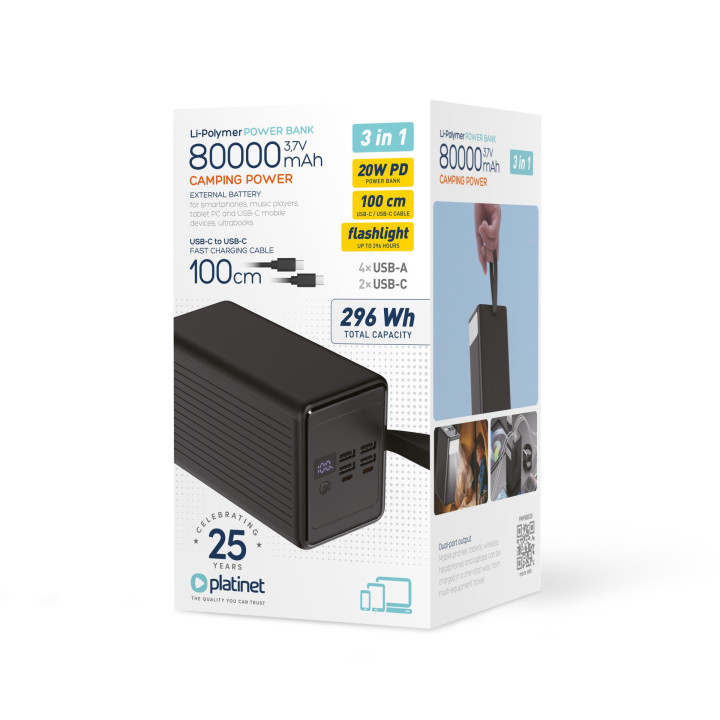 Power Bank 80000 mAh 20W QC 3.0 Latarka + Kabel 1m USB-C  PLATINET