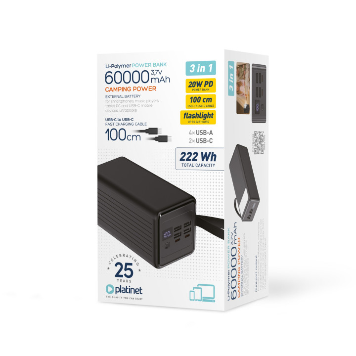 Power Bank 60000 mAh 20W QC 3.0 Latarka + Kabel 1m USB-C PLATINET