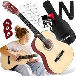 SUPRIMO CG34 NT gitara klasyczna 3/4 2 zaczepy 3 kostki pasek do gitary zapasowe struny pokrowiec