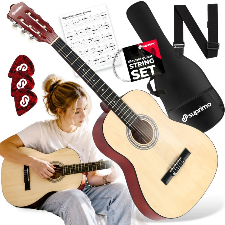 SUPRIMO CG34 NT gitara klasyczna 3/4 2 zaczepy 3 kostki pasek do gitary zapasowe struny pokrowiec