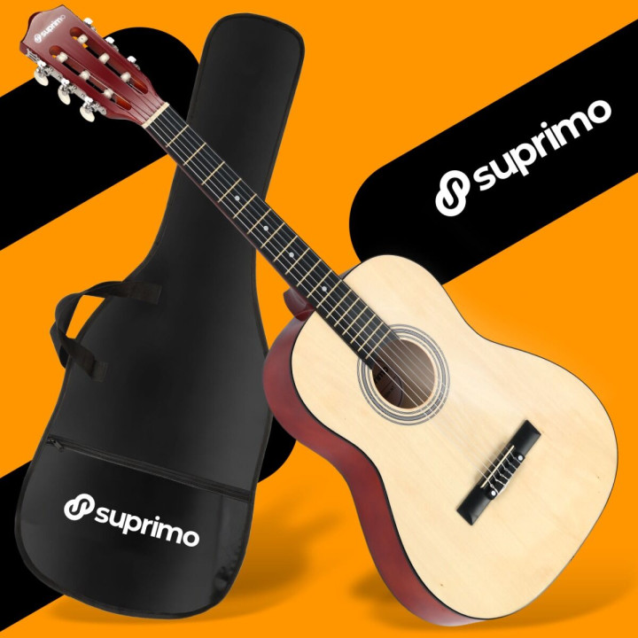 SUPRIMO CG34 NT gitara klasyczna 3/4 2 zaczepy 3 kostki pasek do gitary zapasowe struny pokrowiec