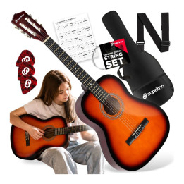 SUPRIMO CG34 SB gitara klasyczna 3/4 2 zaczepy 3 kostki pasek do gitary zapasowe struny pokrowiec