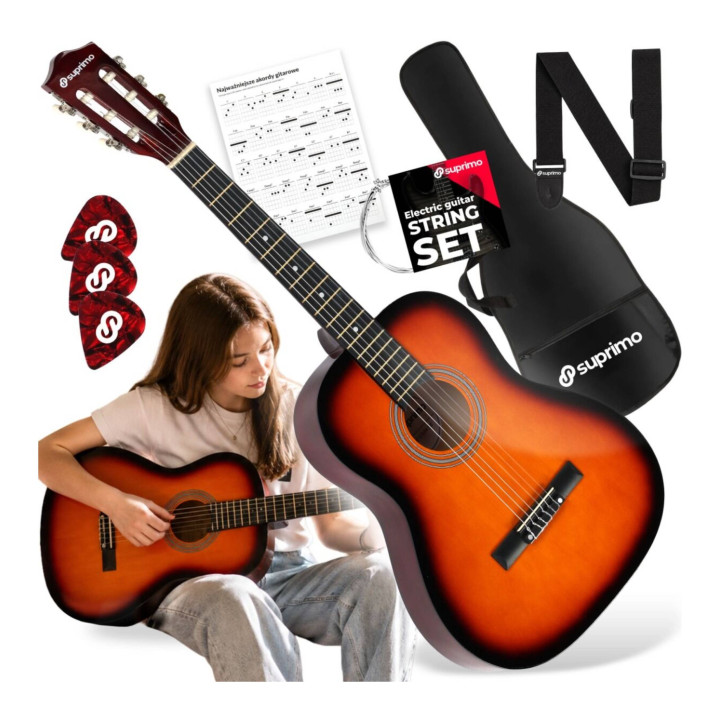 SUPRIMO CG34 SB gitara klasyczna 3/4 2 zaczepy 3 kostki pasek do gitary zapasowe struny pokrowiec