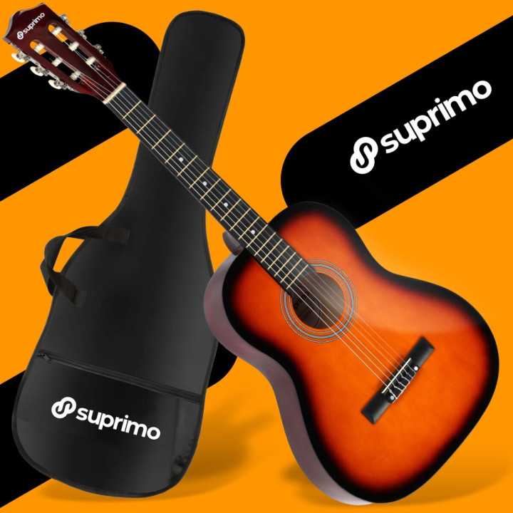 SUPRIMO CG34 SB gitara klasyczna 3/4 2 zaczepy 3 kostki pasek do gitary zapasowe struny pokrowiec