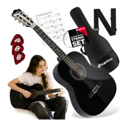 SUPRIMO CG34 BK gitara klasyczna 3/4 2 zaczepy 3 kostki pasek do gitary zapasowe struny pokrowiec