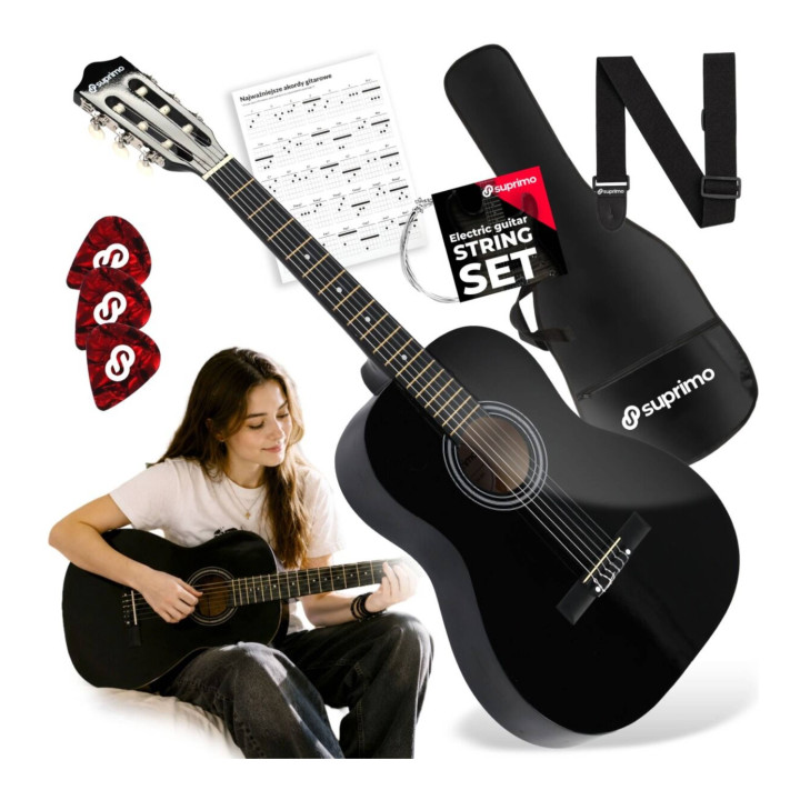 SUPRIMO CG34 BK gitara klasyczna 3/4 2 zaczepy 3 kostki pasek do gitary zapasowe struny pokrowiec