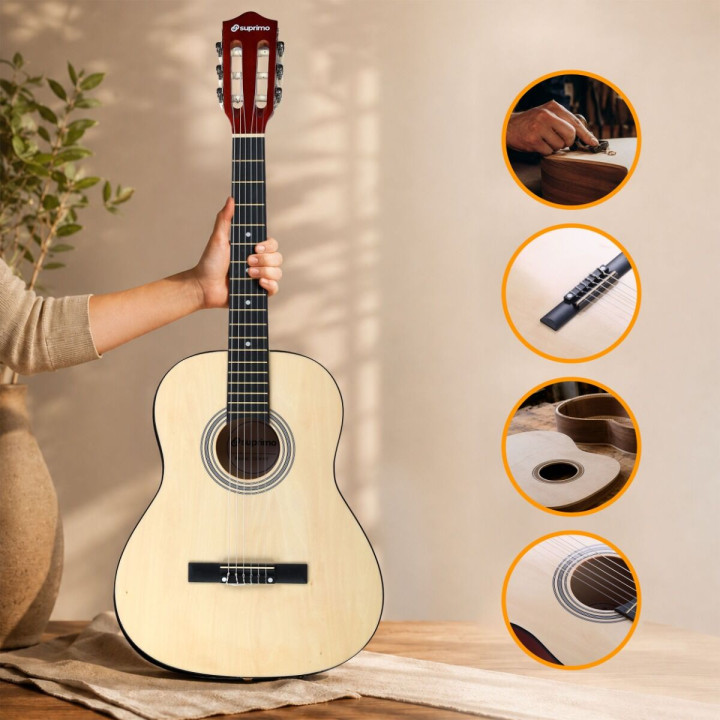 SUPRIMO CG34 NT gitara klasyczna 3/4 2 zaczepy 3 kostki pasek do gitary zapasowe struny pokrowiec