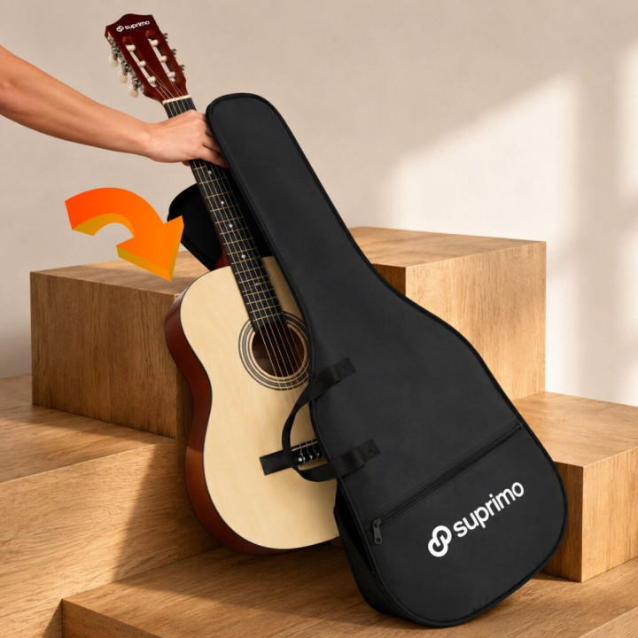 SUPRIMO CG34 NT gitara klasyczna 3/4 2 zaczepy 3 kostki pasek do gitary zapasowe struny pokrowiec